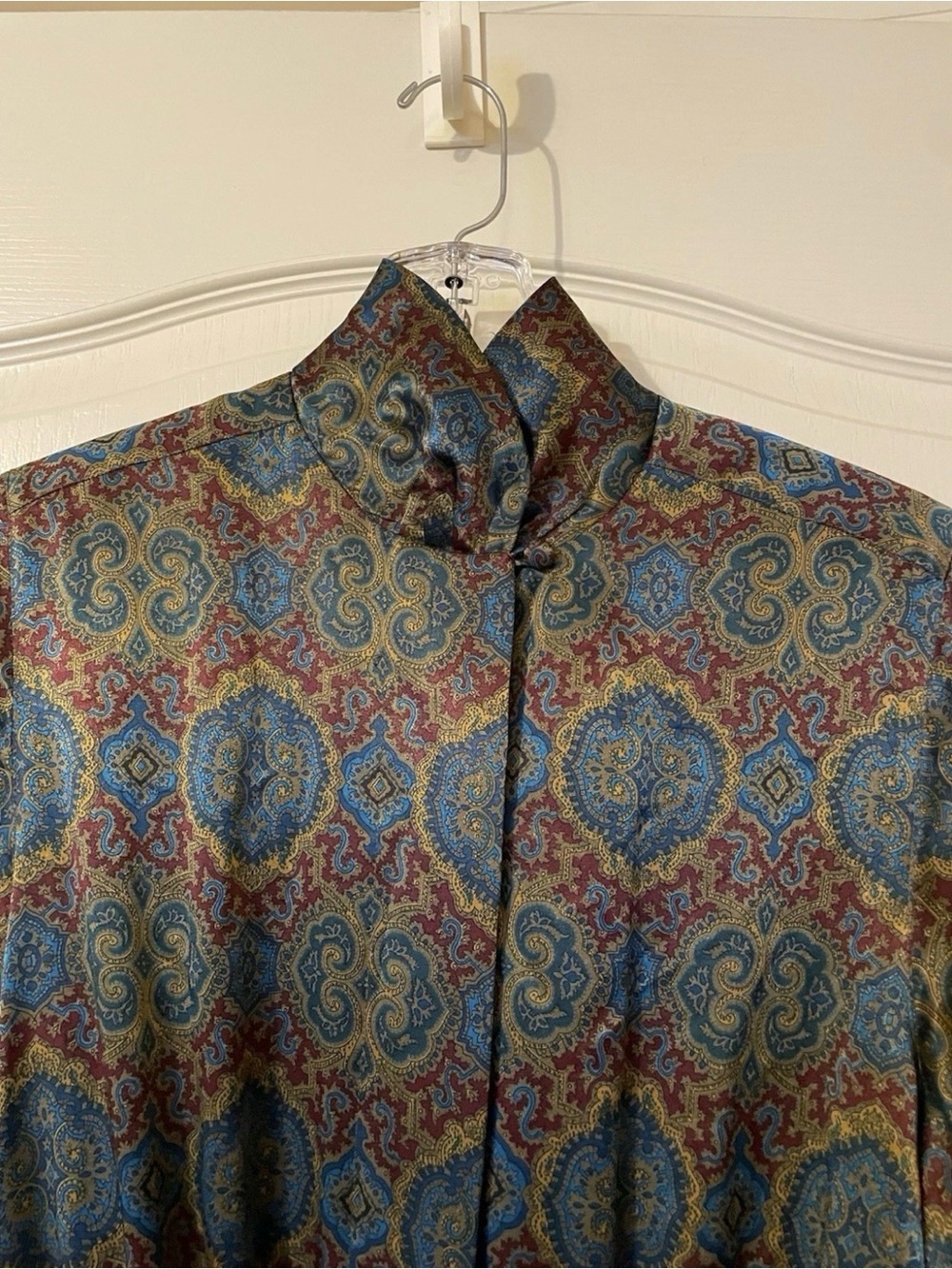 Vintage Talbots Paisley Satin Finish Pleated Midi Dress Belted Blue Petite 10 - Picture 6 of 11